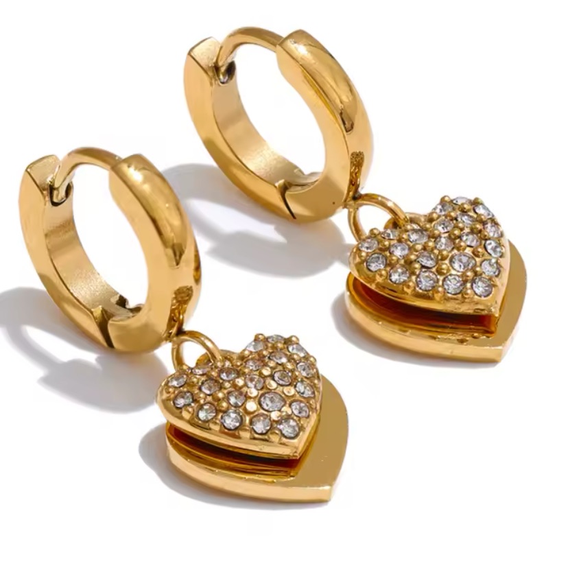 Nwot 18k Gold Plated Stainless Steel Double Heart Pave Earring And Necklace Set
